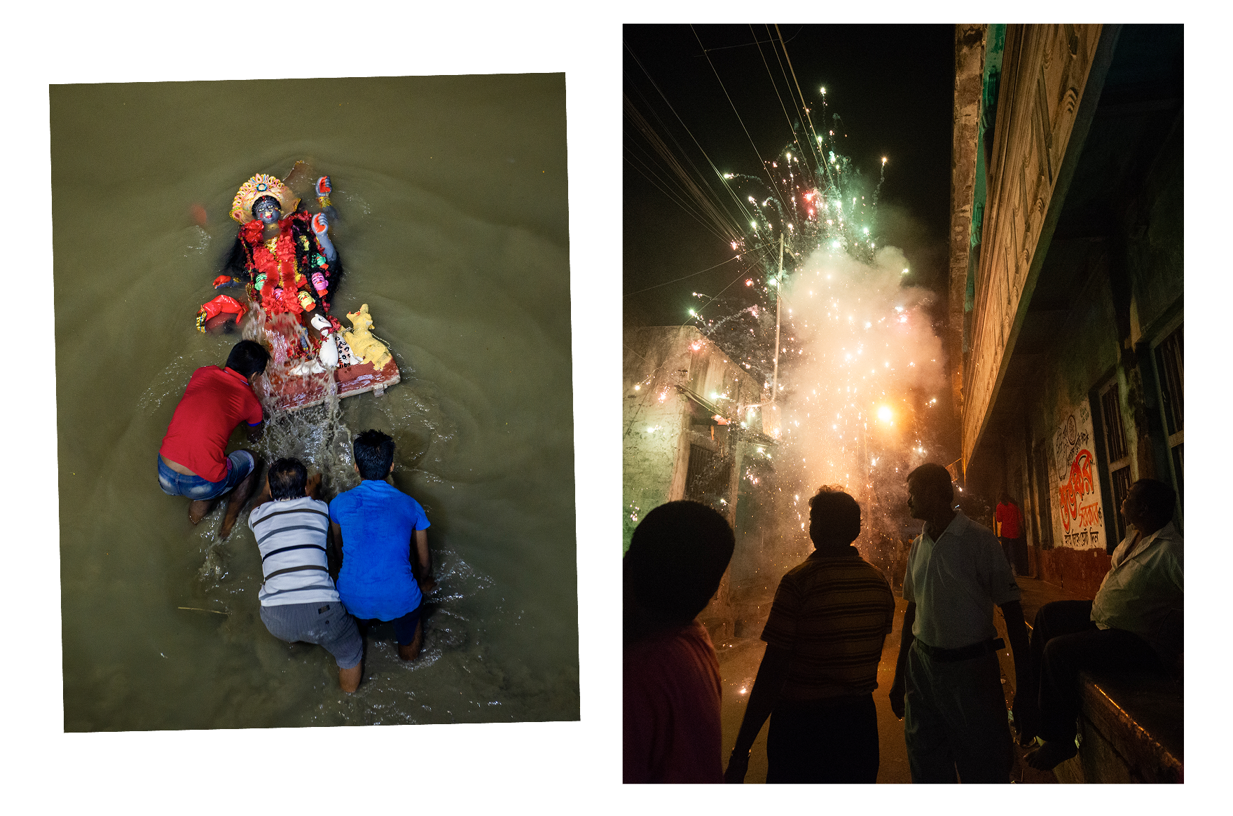 Left: an idol in the water. Right: fireworks in the street