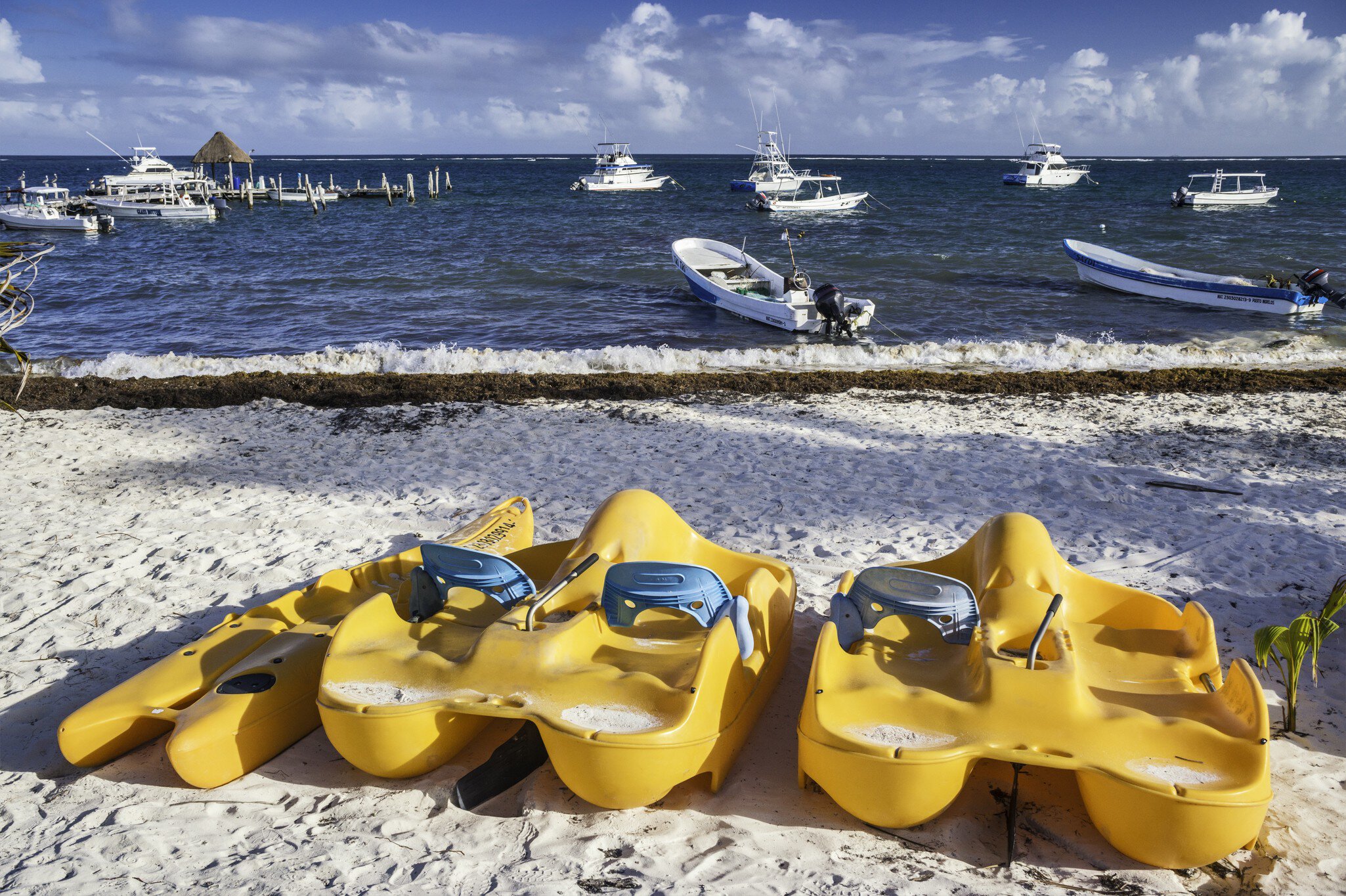 Boats, Caribbean Sea beach, Puerto Morelos, Mexico