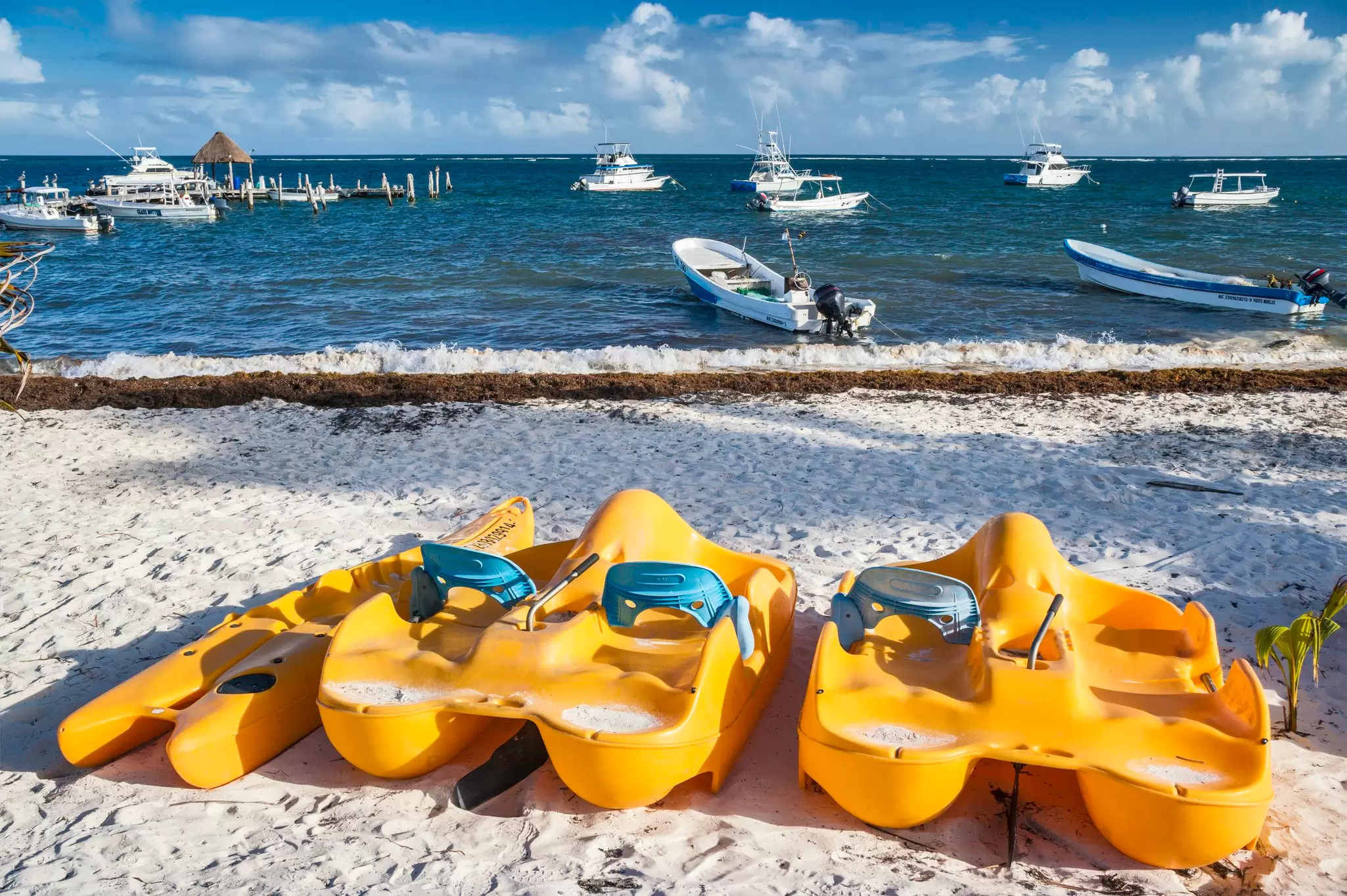 Yellow pedal boats resting on a white-sand beach with fishing boats moored offshore