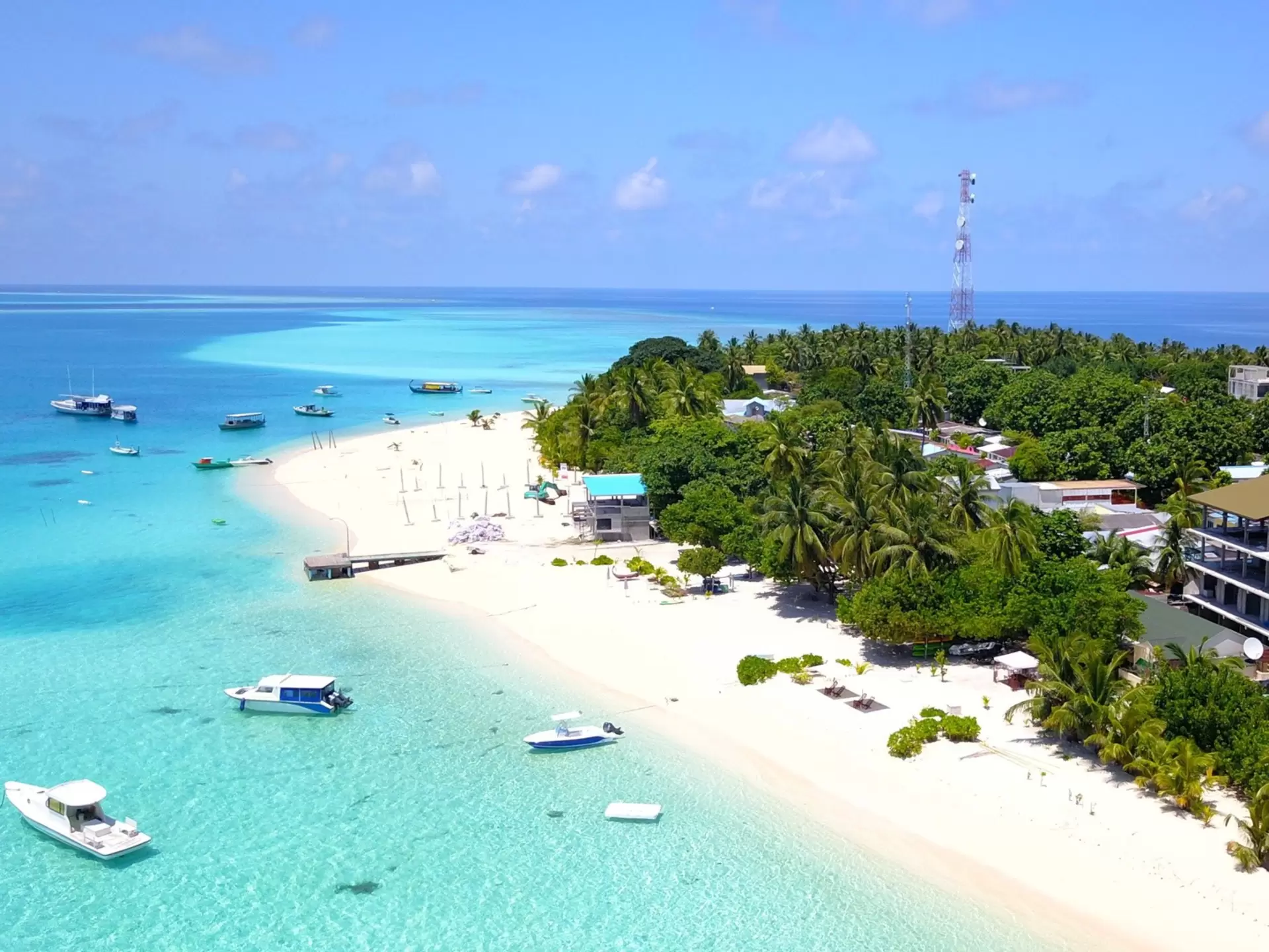 A tropical island with palm trees surrounding a hotel and minaret of a mosque, very near the shoreline in Fulidhoo, the Maldives.