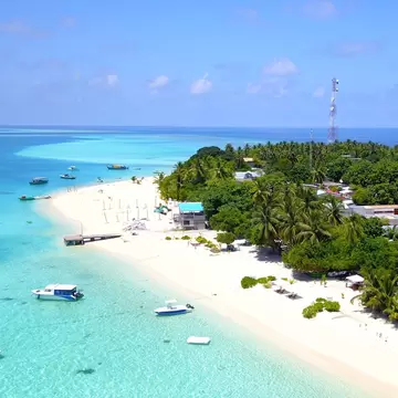A tropical island with palm trees surrounding a hotel and minaret of a mosque, very near the shoreline in Fulidhoo, the Maldives.