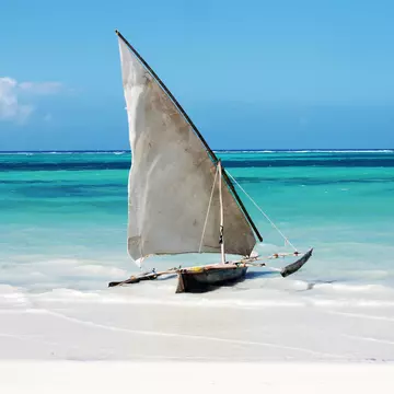 A traditional sailing boat on a beach in Zanzibar