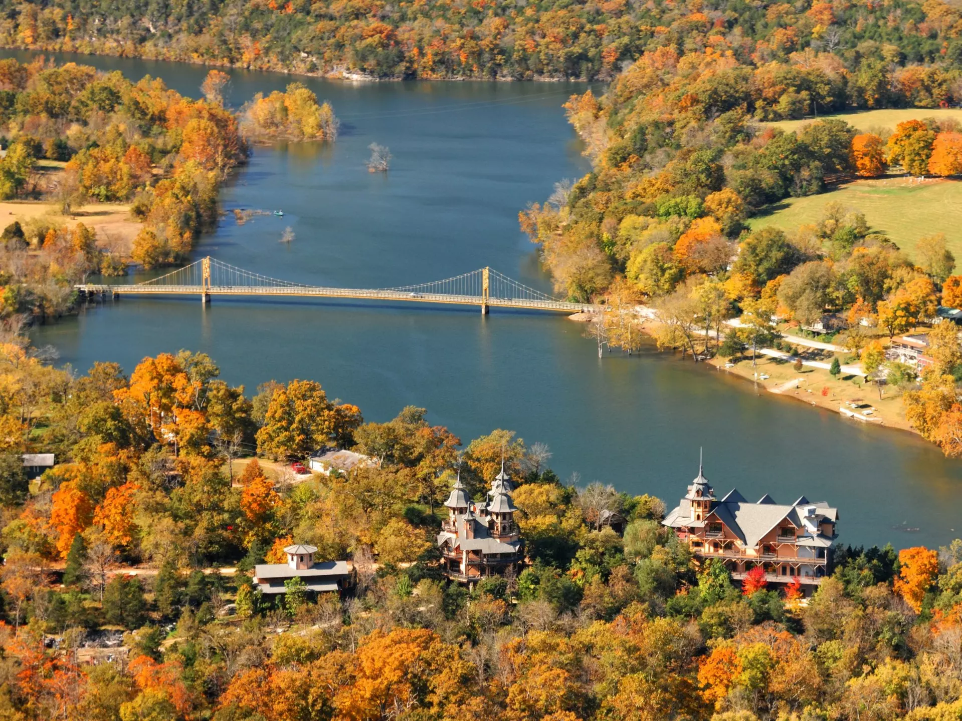 An aerial view of Eureka Springs, Arkansas, in autumn with colorful foliage