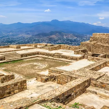 View of ruins of the Atzompa archaeological zone, located in Oaxaca, Mexico.