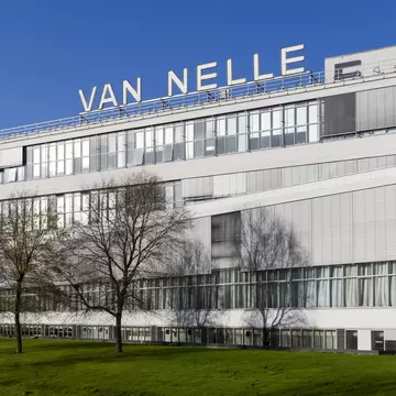 ROTTERDAM, THE NETHERLANDS - NOVEMBER  26 2015: Facade of the Van Nelle Factory which is considered a prime example of the International Style. It has been a UNESCO World Heritage Site since 2014.  License Type: media  Download Time: 2024-01-29T04:23:45.000Z  User: claramonitto  Is Editorial: Yes  purchase_order:   