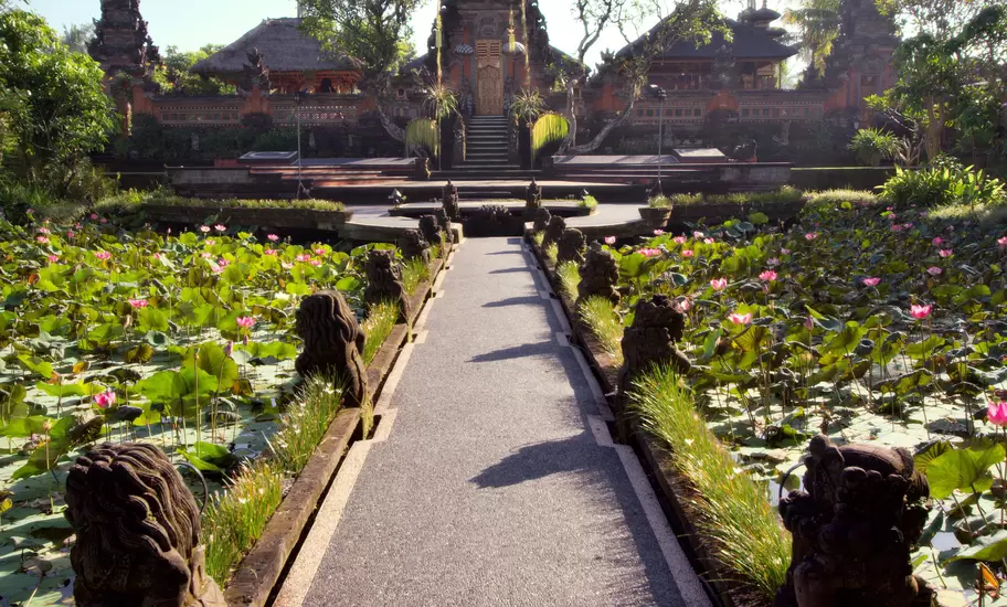Ubud Water Palace (Pura Taman Saraswati) with lily pond in foreground.