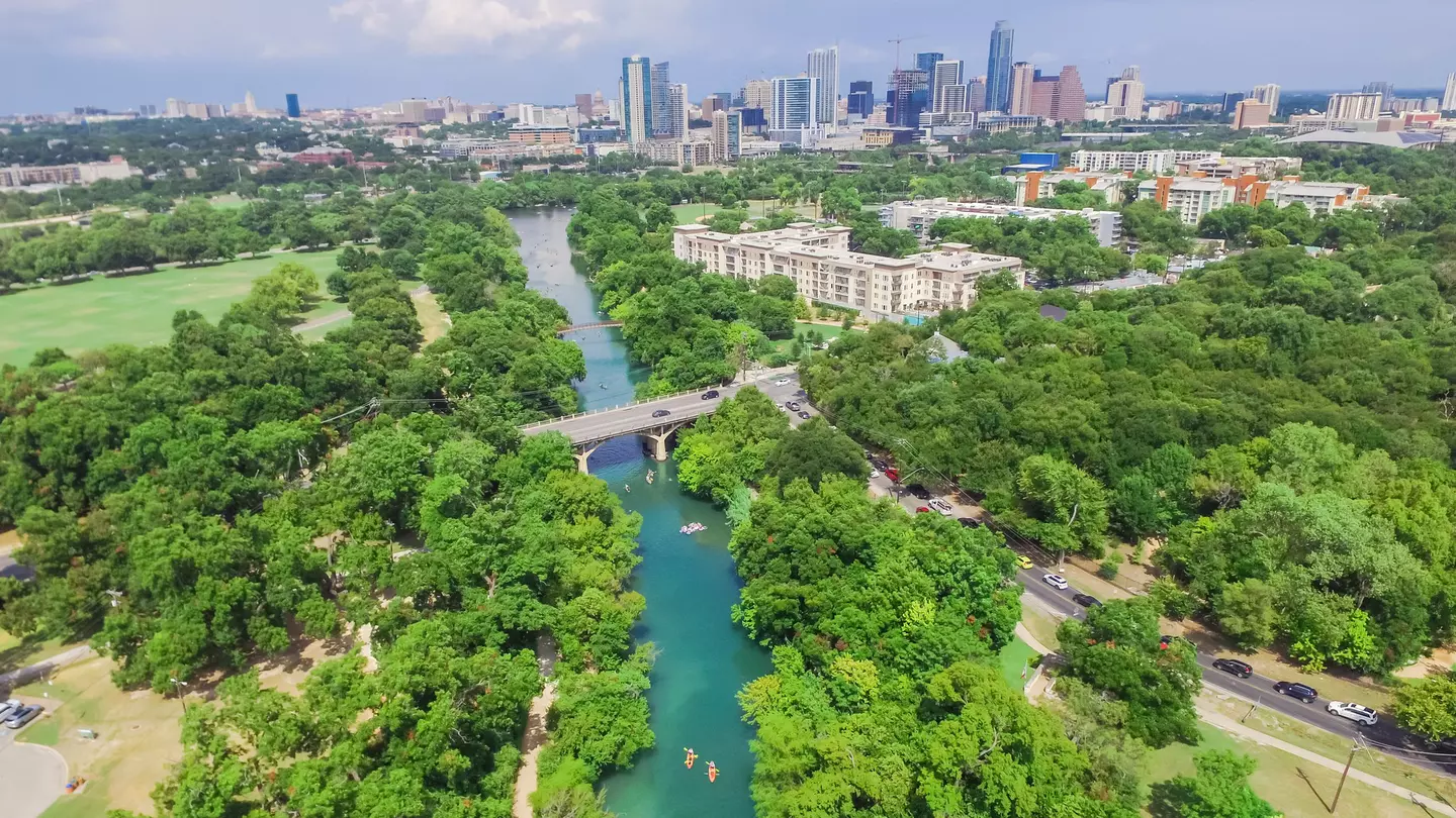 An aerial view of Zilker Park downtown in Austin Texas
