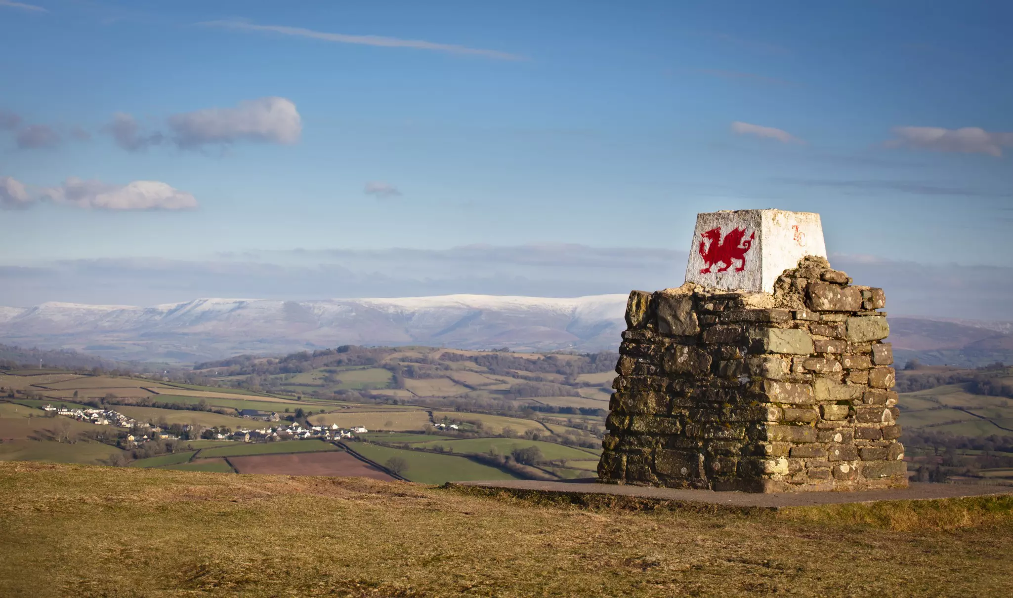Welsh dragon monument with rural winter backdrop