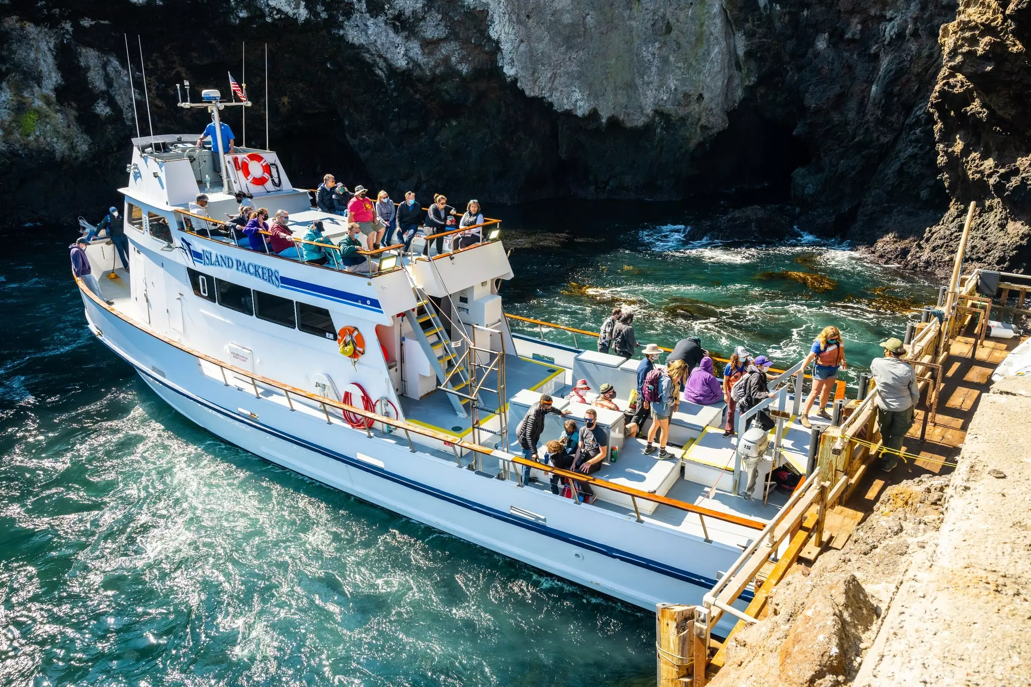 A boat docking at Anacapa in Channel Islands National Park, California, USA.