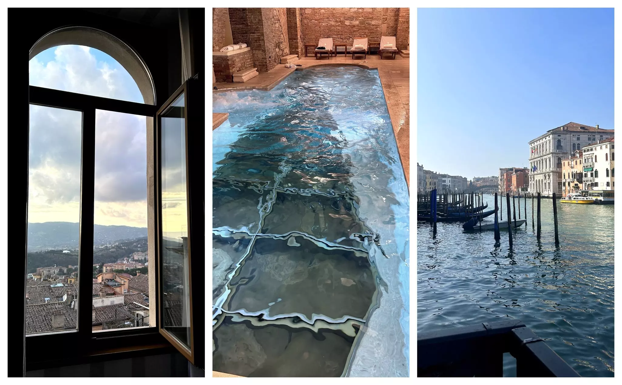 Left: The stunning view from my room at Sina Brufani in Perugia; Middle: Notice the windows on the pool floor – directly above an ancient ruin; Right: Step on the Centurion Palace's porch, and you're on Venice's Grand Canal © Ann Douglas Lott