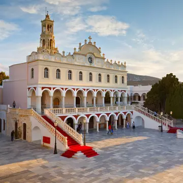 Tinos, Greece - September 21, 2016: Complex of Panagia Evangelistria church in Tinos town., License Type: media, Download Time: 2025-11-30T19:25:47.000Z, User: LP_YKhanna, Editorial: true, purchase_order: 65050 - Digital Destinations and Articles, job: LP, client: App Content, other: Yuvraj Khanna
