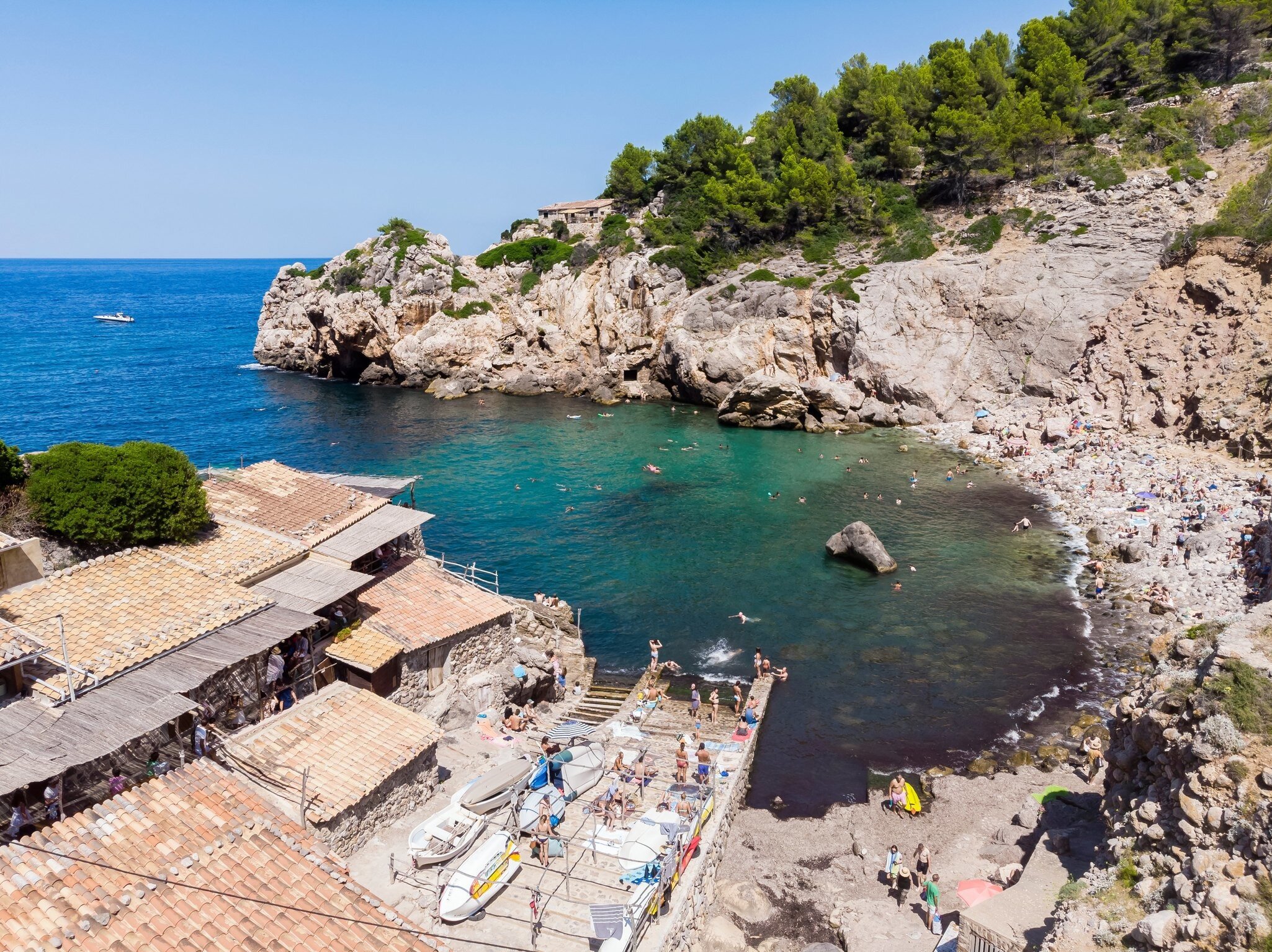 Spain, Balearic Islands, Mallorca, Cala Deia, Aerail view of bay