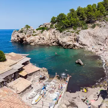 Spain, Balearic Islands, Mallorca, Cala Deia, Aerail view of bay