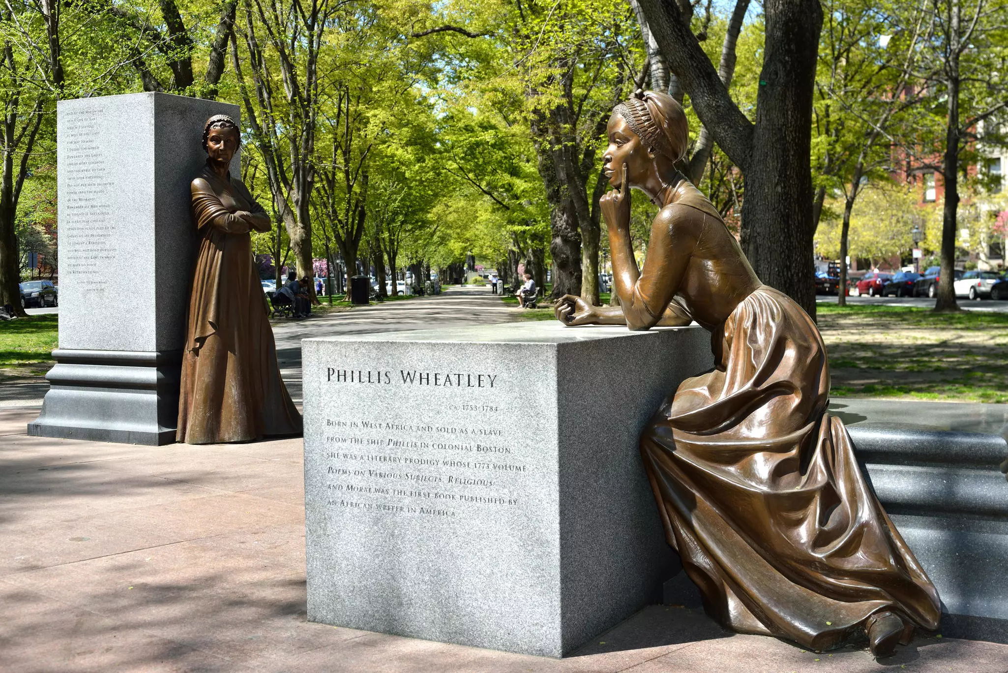 Statues of Phillis Wheatley and Abigail Adams at the Boston Women's Memorial in Back Bay.
