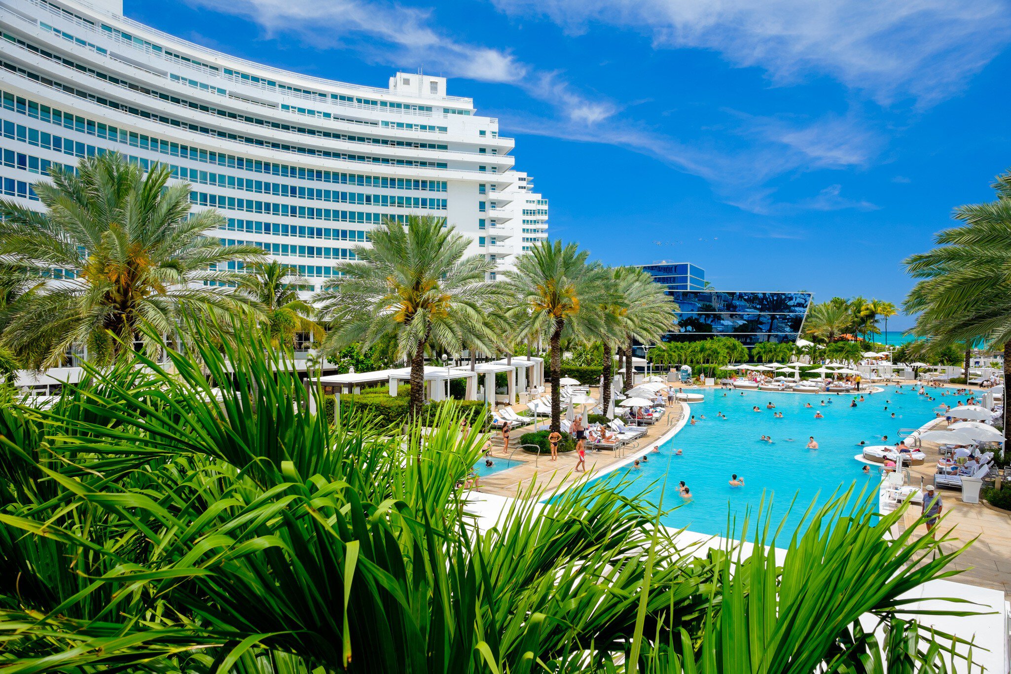 MIAMI BEACH, FLORIDA USA  - APRIL 21, 2013: The historic Fontainebleau Hotel by architect Morris Lapidus on Miami Beach is a popular international tourist destination.
