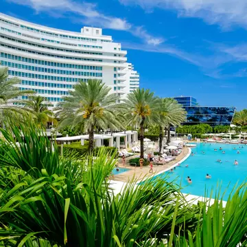MIAMI BEACH, FLORIDA USA  - APRIL 21, 2013: The historic Fontainebleau Hotel by architect Morris Lapidus on Miami Beach is a popular international tourist destination.