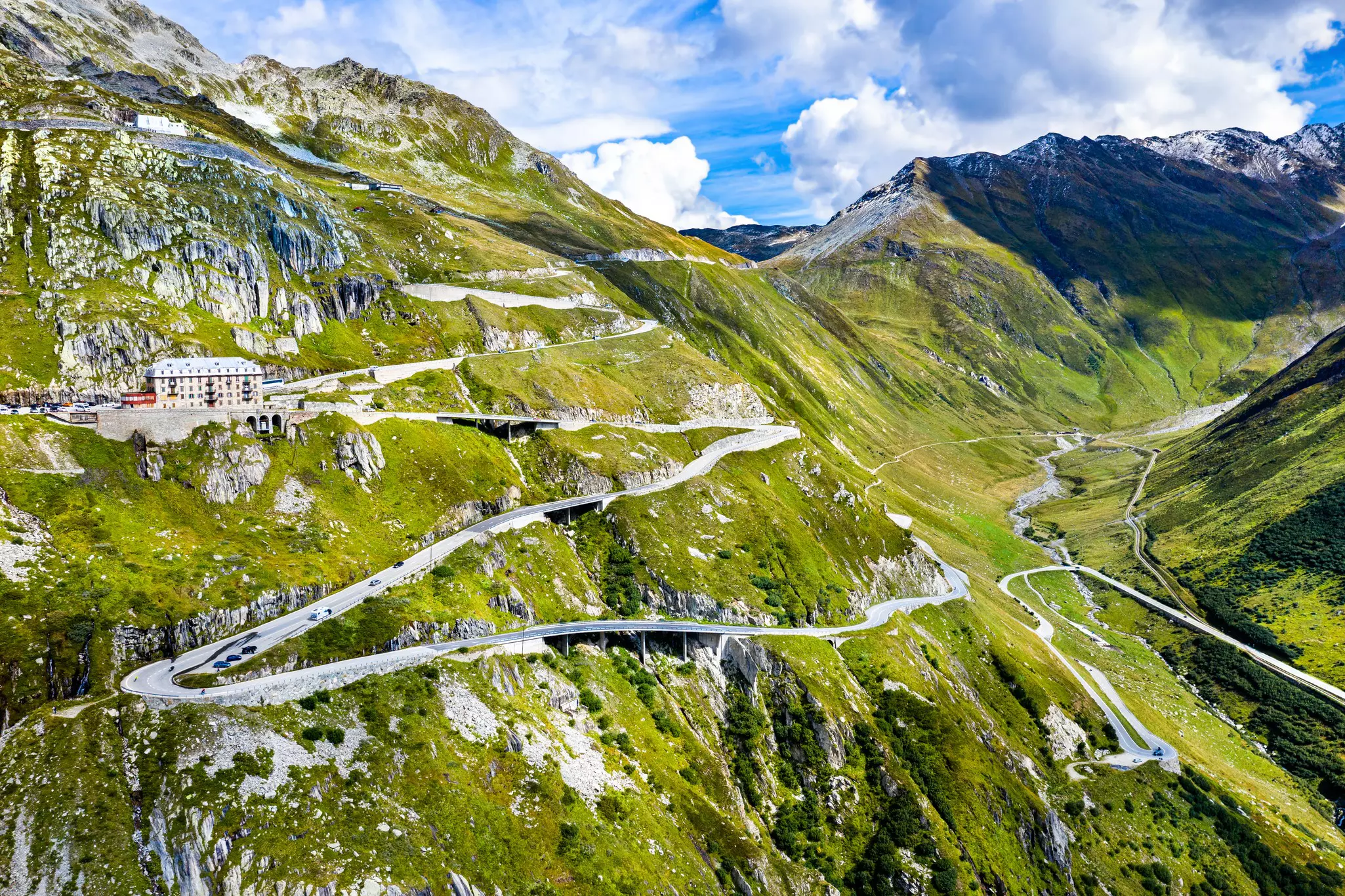 Zig-zag road to Furka Pass in the Swiss Alps 