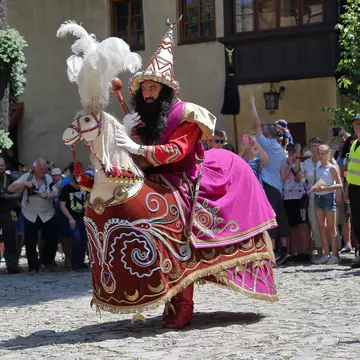 A man in a purple costume and feathered headdress at the traditional Lajkonik Festival in Kraków, Malopolskie, Poland
