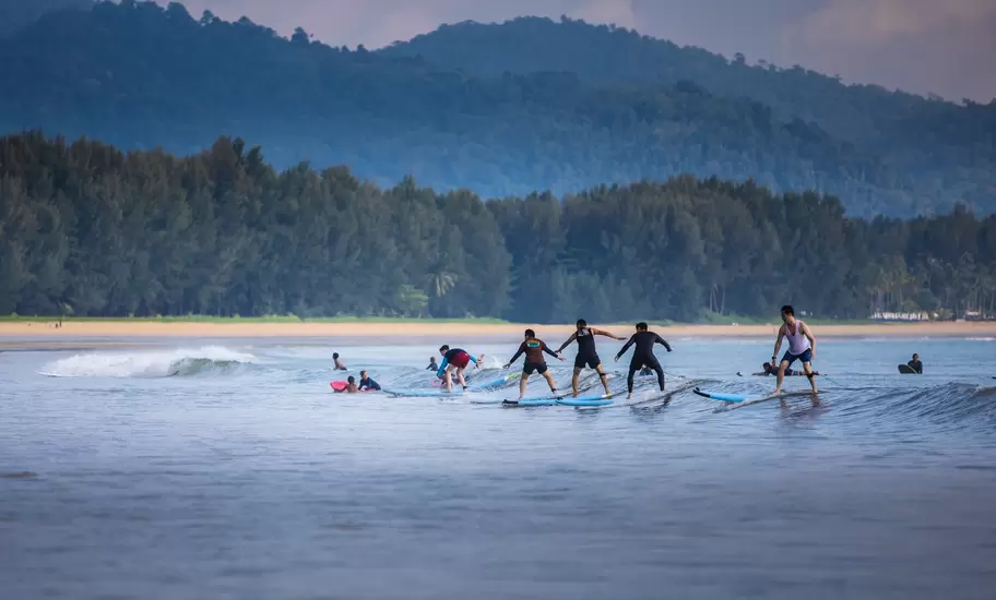 People learning to surf with lush green forestry as a backdrop