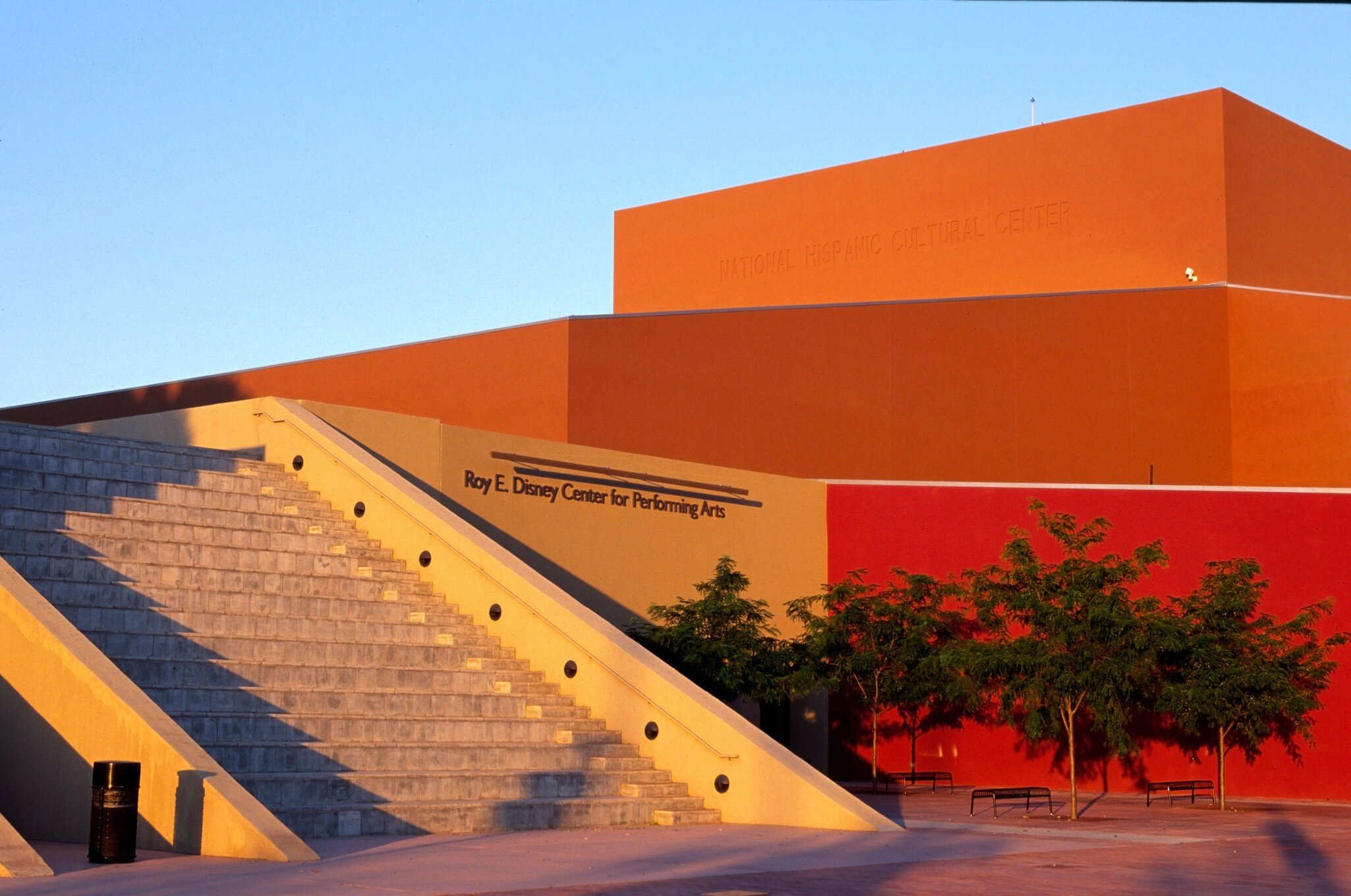Sunset splashes across the Roy E. Disney Center for Performing Arts, National Hispanic Cultural Center