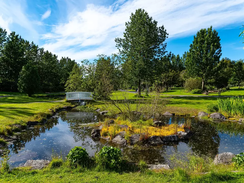 A white bridge by a pond in a landscaped grassy area.