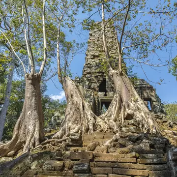 Ancient Preah Palilay temple in Angkor Thom and huge Banyan trees. Angkor, Cambodia.