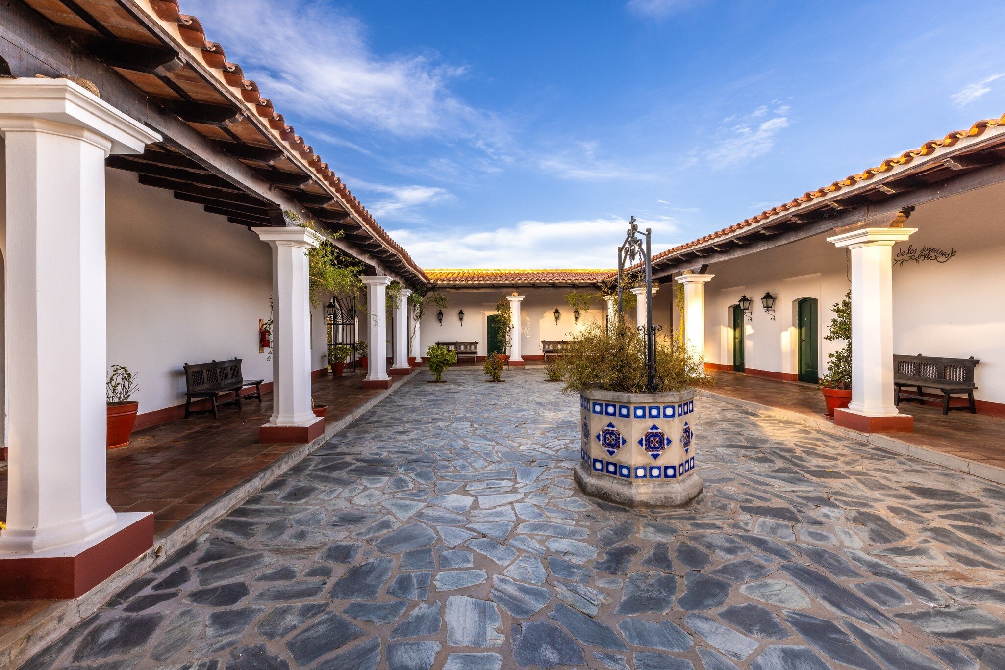 Traditional Colonial Courtyard at Patios de Cafayate Hotel, El Esteco Winery, Salta, Argentina.