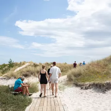 People in swimwear walking on a wooden path over sandy dunes on a sunny summer day.