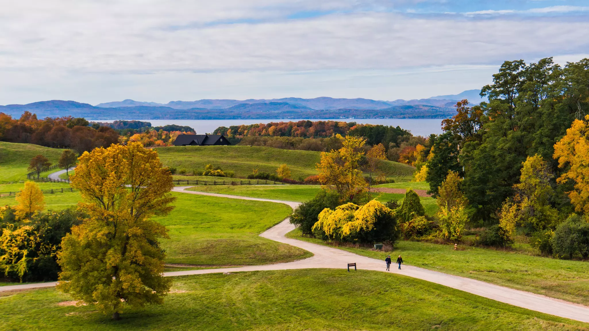 view of Lake Champlain and the Adirondack Mountains in New York from Shelburne Farms in Vermont,