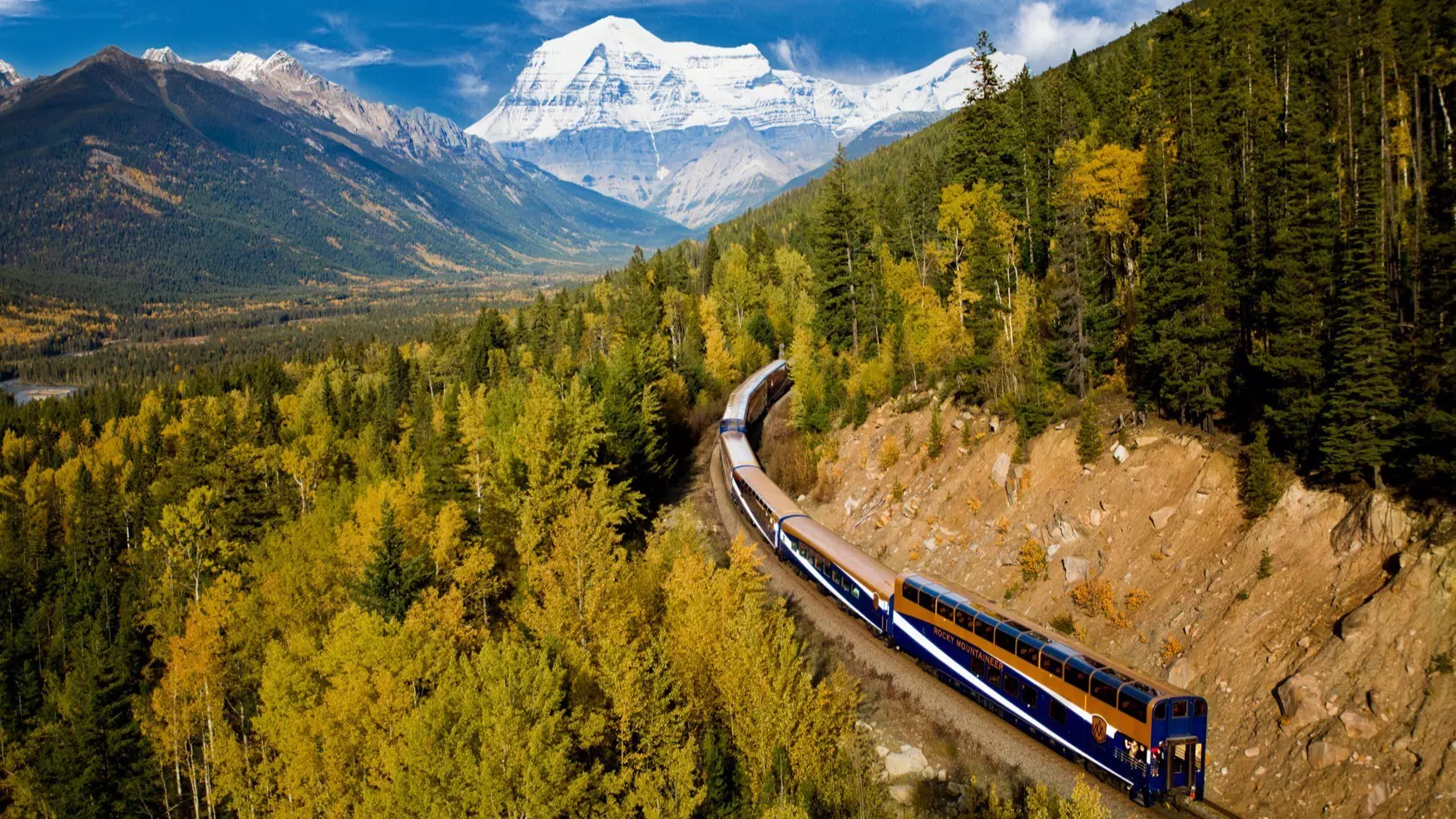 Rocky Mountaineer passing through Banff National Park.
