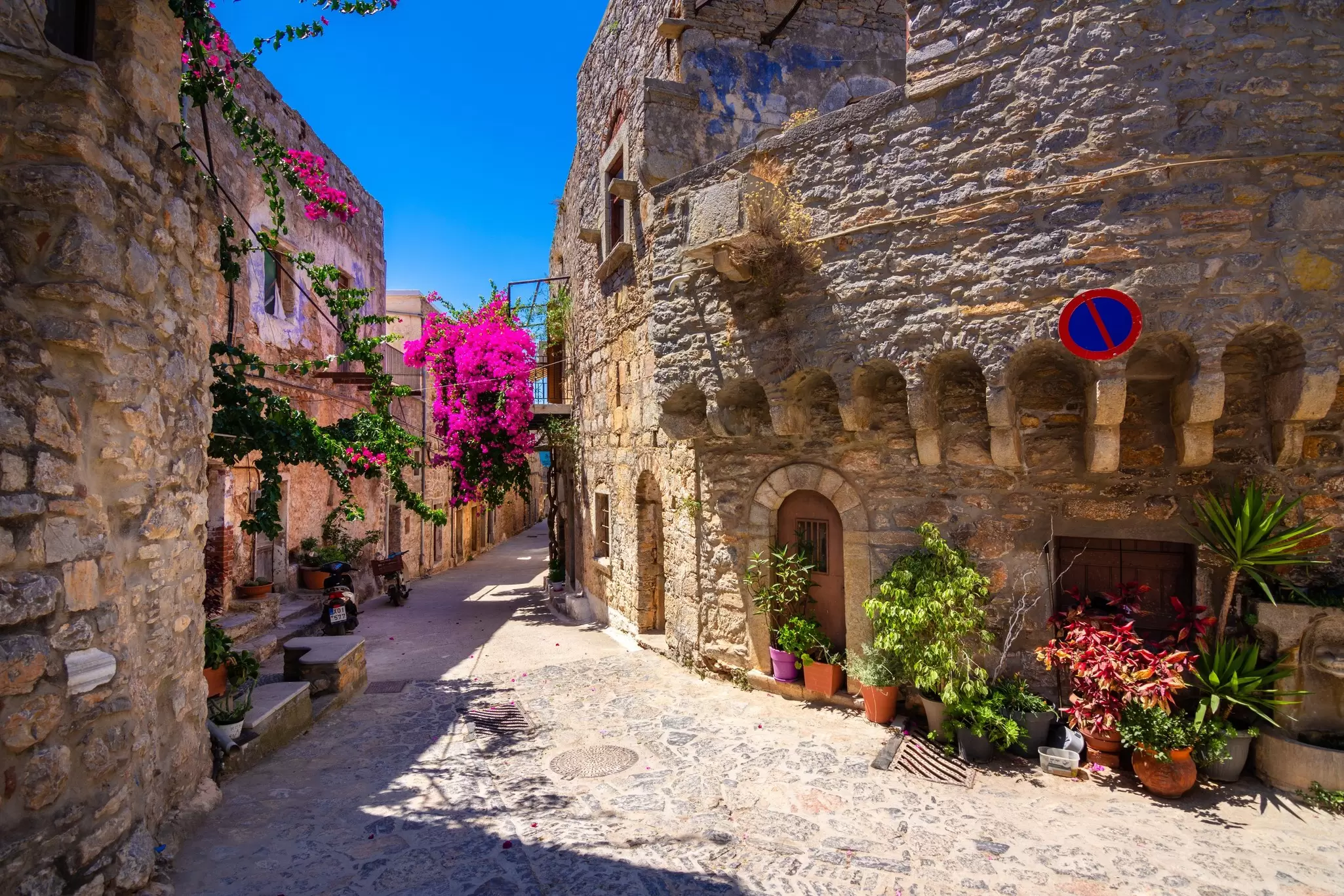 Ornate stone buildings in the village of Mesta on Chios island, Greece. 