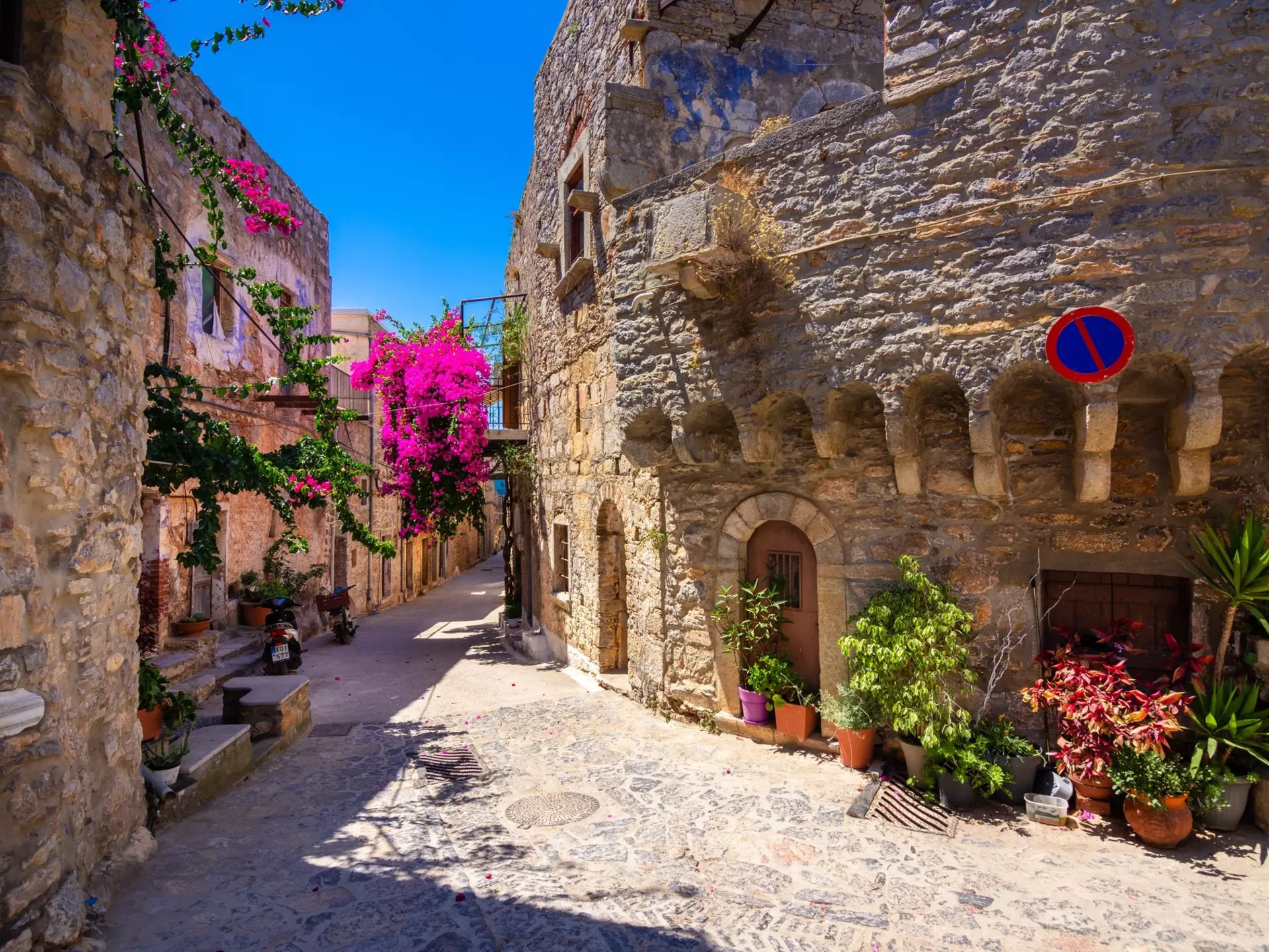 Ornate stone buildings in the village of Mesta on Chios island, Greece. 