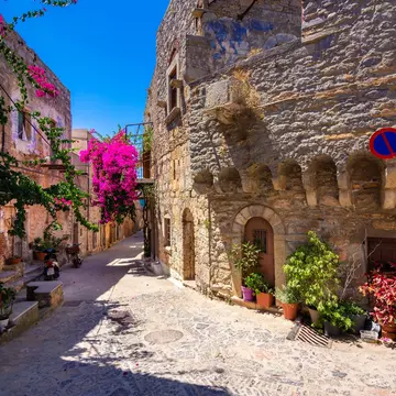 Ornate stone buildings in the village of Mesta on Chios island, Greece. 
