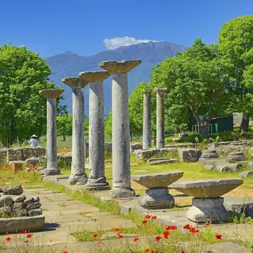 View of ruins at the Philippi Archaeological Site near Kavala, Greece.
