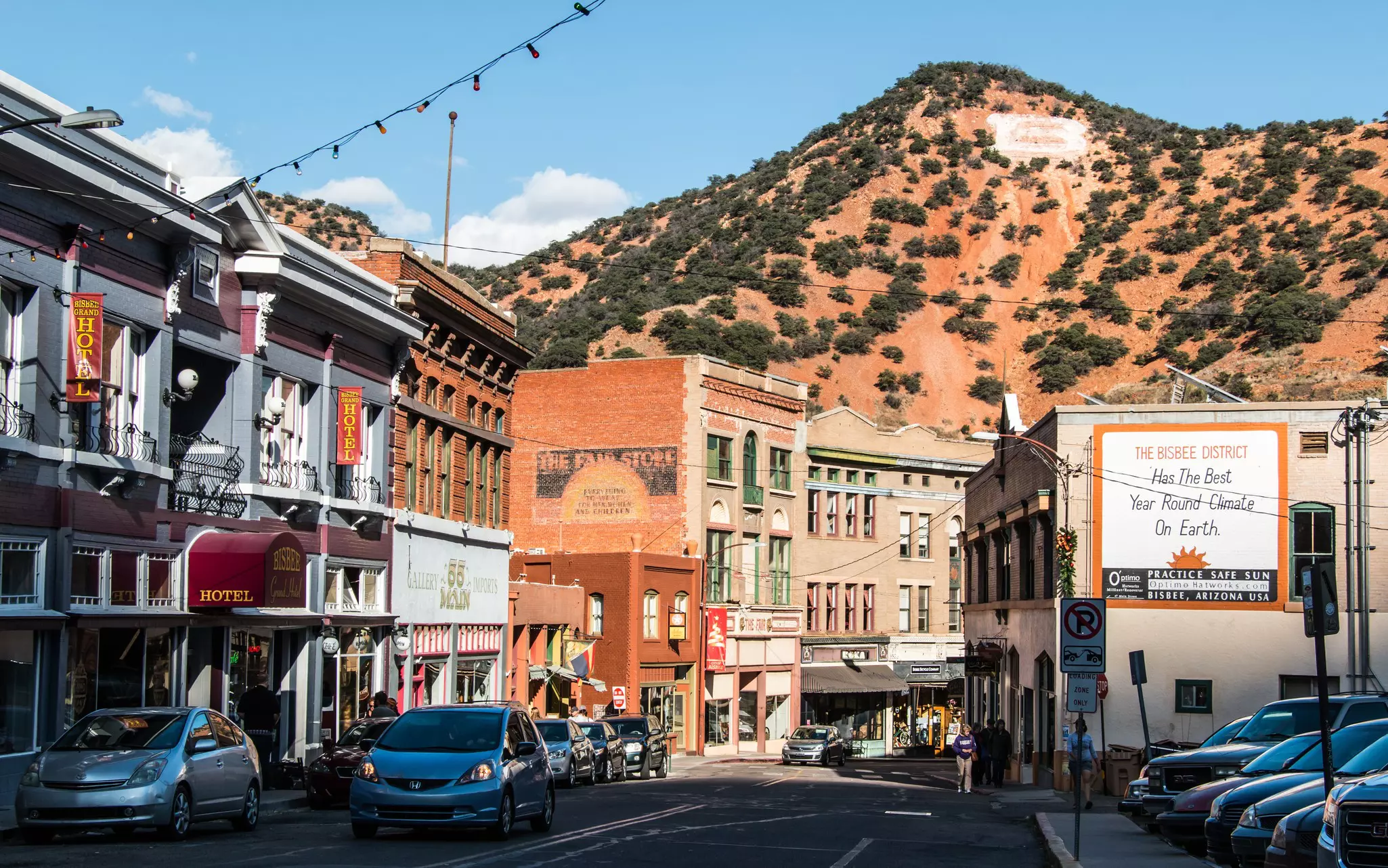 Downtown Bisbee, Arizona and the large "B" on the hillside behind it, shot during late afternoon.