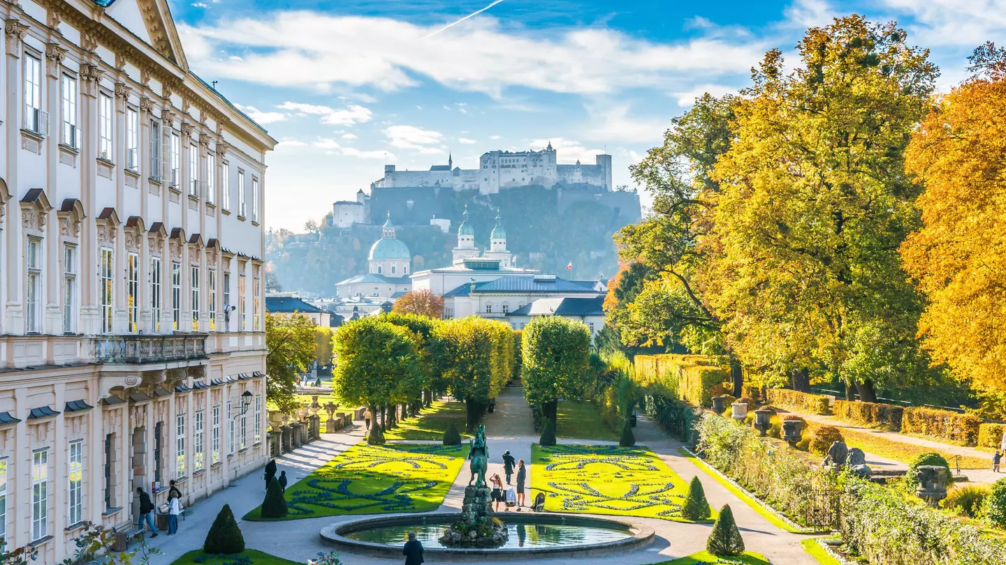 Mirabell Gardens with Fortress Hohensalzburg in the background in Salzburg, Austria