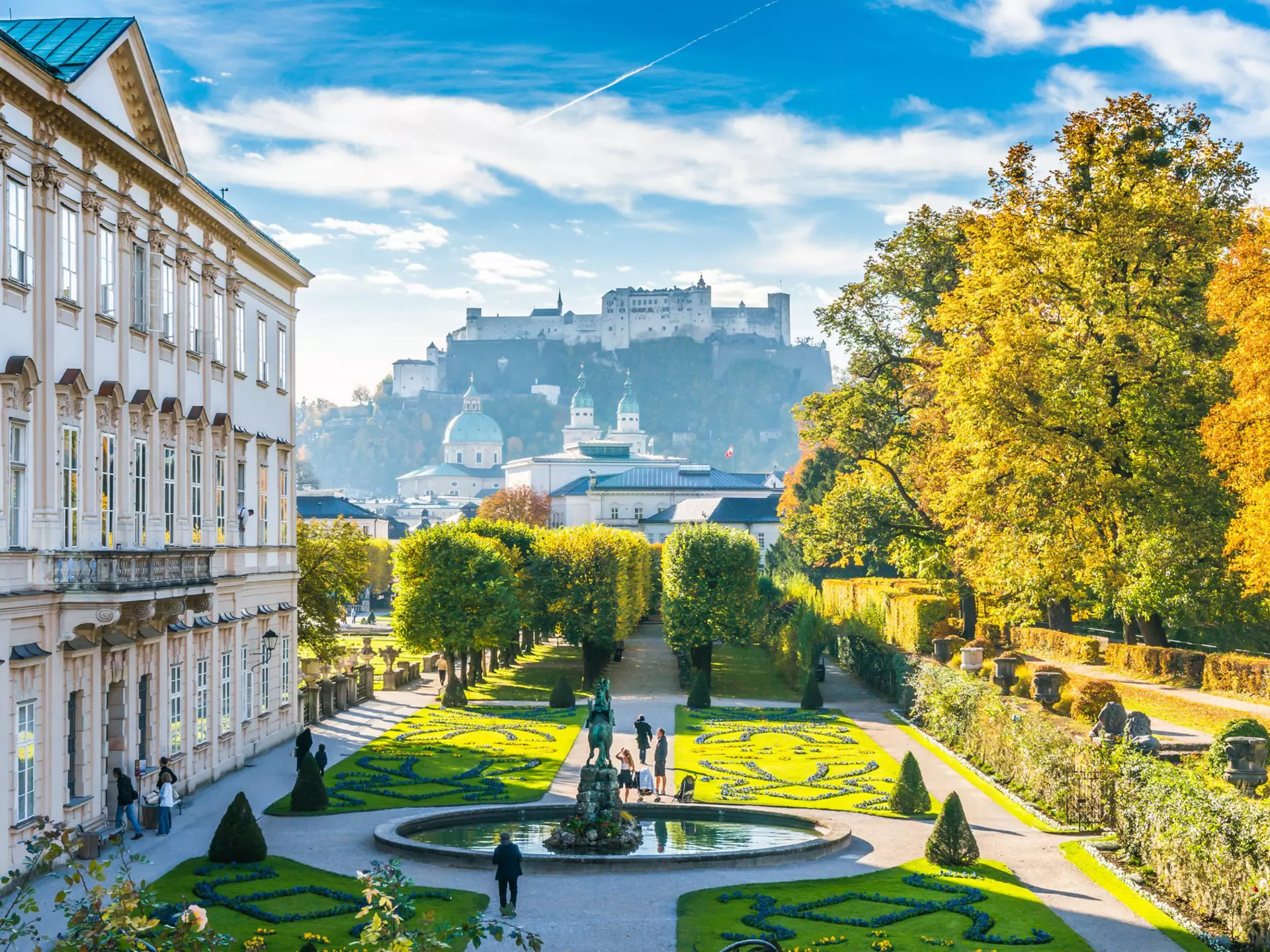 Mirabell Gardens with Fortress Hohensalzburg in the background in Salzburg, Austria