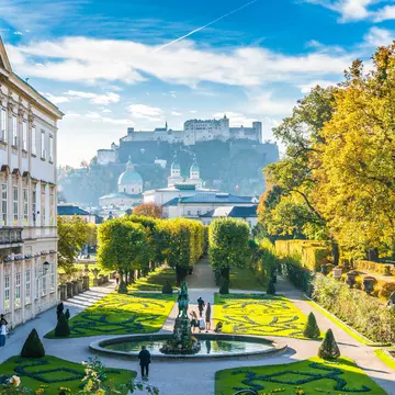 Mirabell Gardens with Fortress Hohensalzburg in the background in Salzburg, Austria