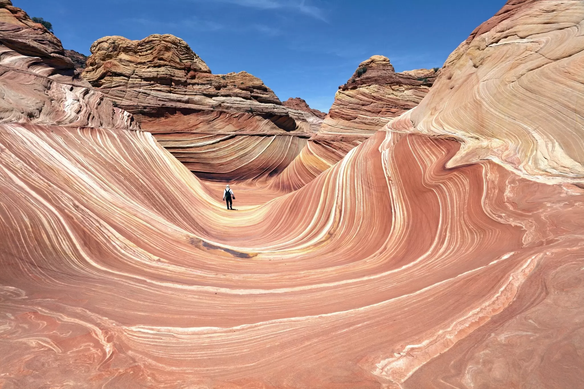 A solo hiker follows a trail through an unusual sandstone rock formation with streaks of pink, orange and yellow forming a wave-like pattern: The Wave, Coyote Buttes North, Arizona