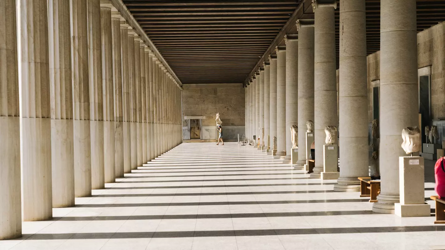 View of the colonnaded Stoa of Attalos in Ancient Agora, Athens, Greece.