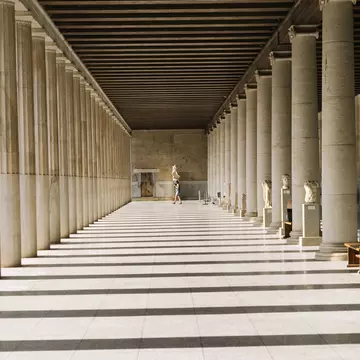 View of the colonnaded Stoa of Attalos in Ancient Agora, Athens, Greece.
