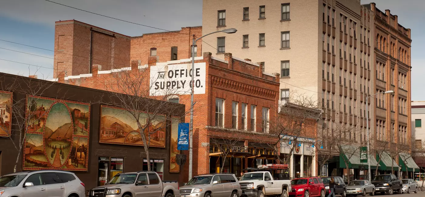Buildings and a mural in downtown Missoula