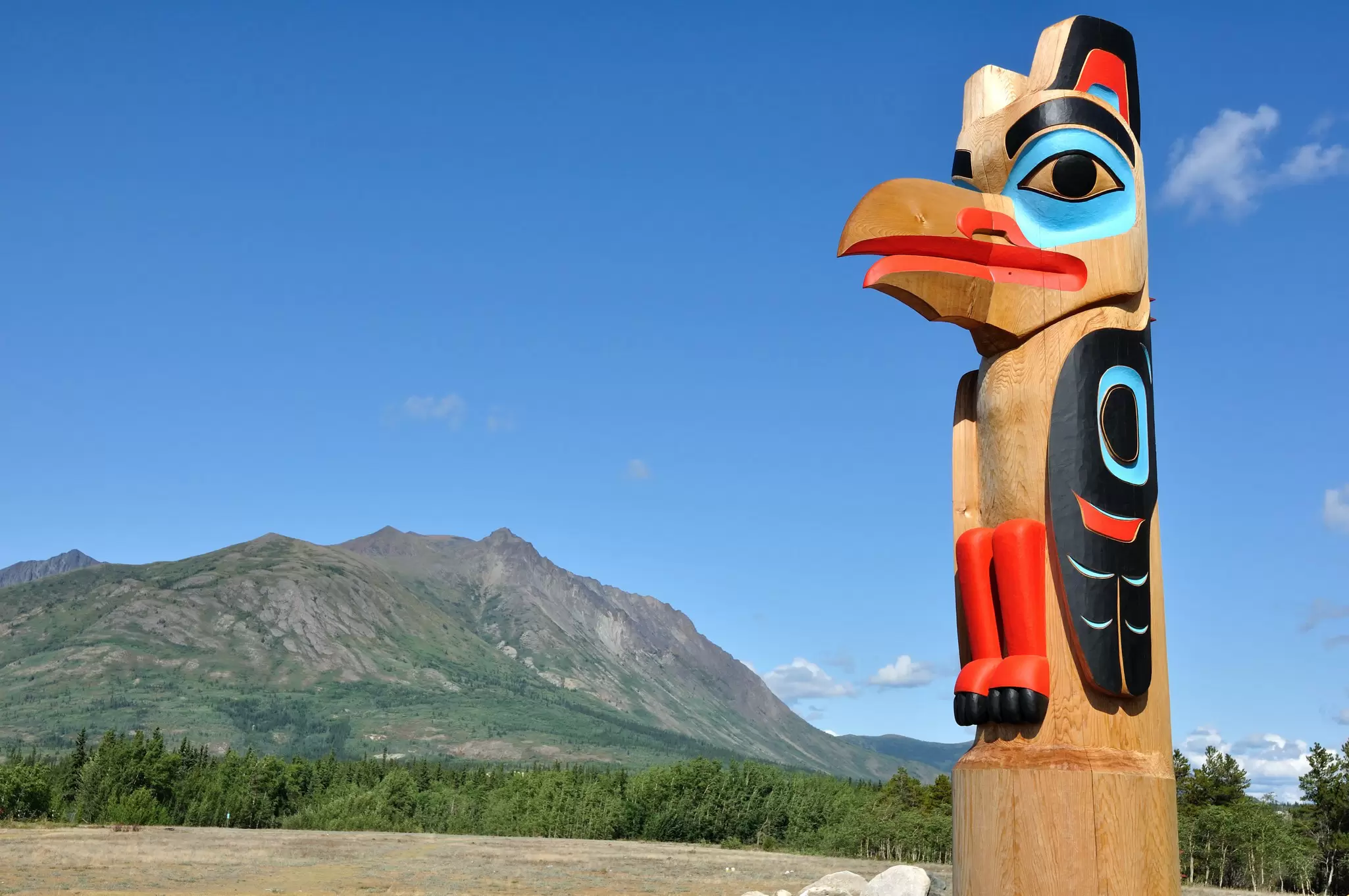 Eagle Totem Pole Against a Blue Sky located in Carcross, Yukon, Canada, Copy Space, License Type: media, Download Time: 2025-12-02T17:28:21.000Z, User: mvm_lonelyplanet, Editorial: false, purchase_order: 56530 - Guidebooks, job: Experience Canada 1, client: Global Publishing-WIP, other: Virginia Moreno
