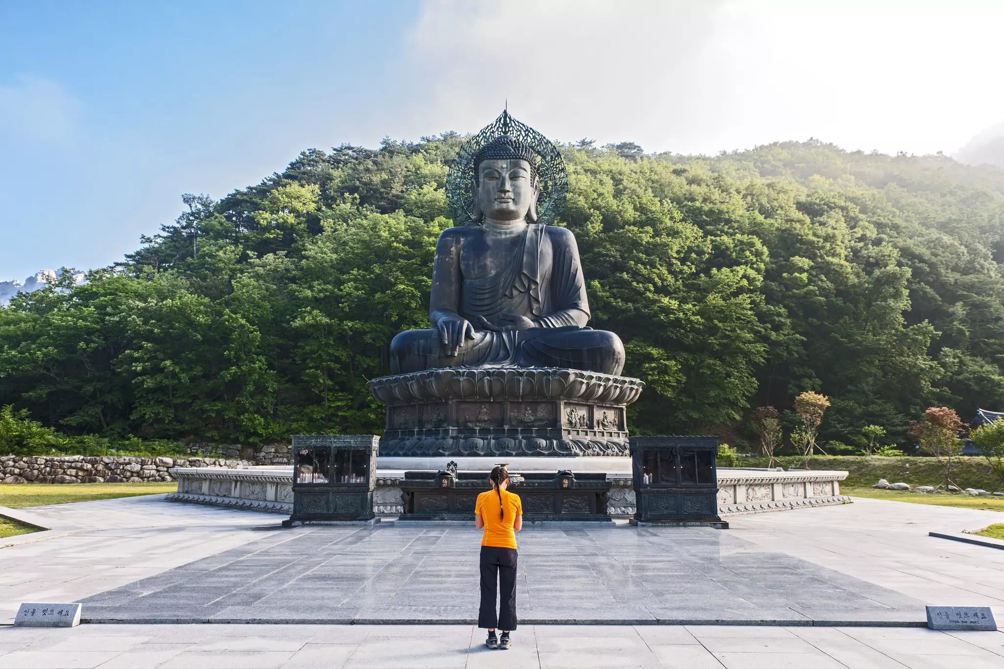 A woman bows her head in front of a large Buddha statue in a rural area surrounded by dense woodland.