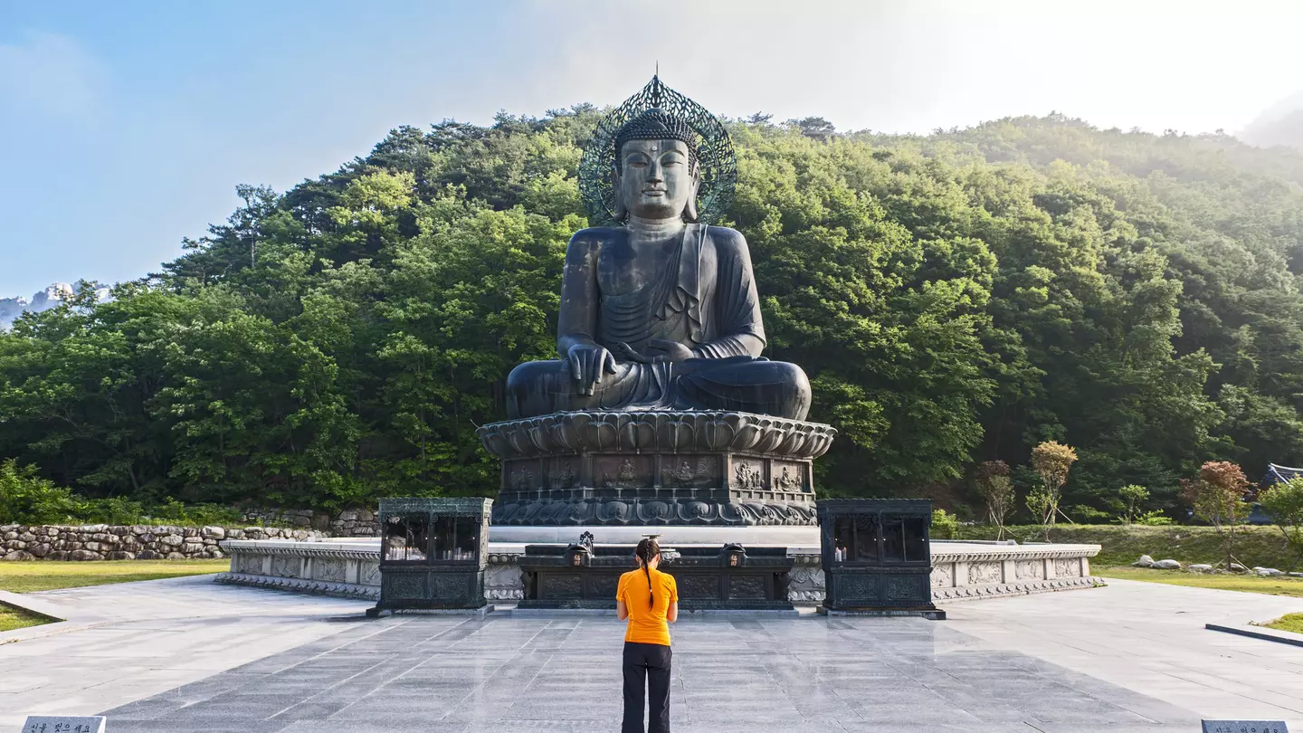 A woman bows her head in front of a large Buddha statue in a rural area surrounded by dense woodland.