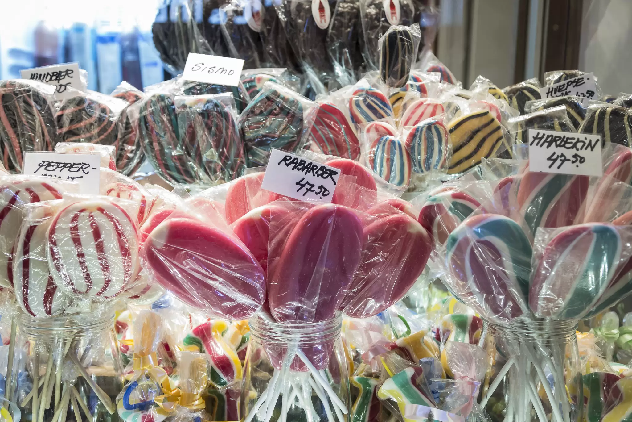 View of lollipops on sale in Tivoli Gardens in Copenhagen, Denmark.