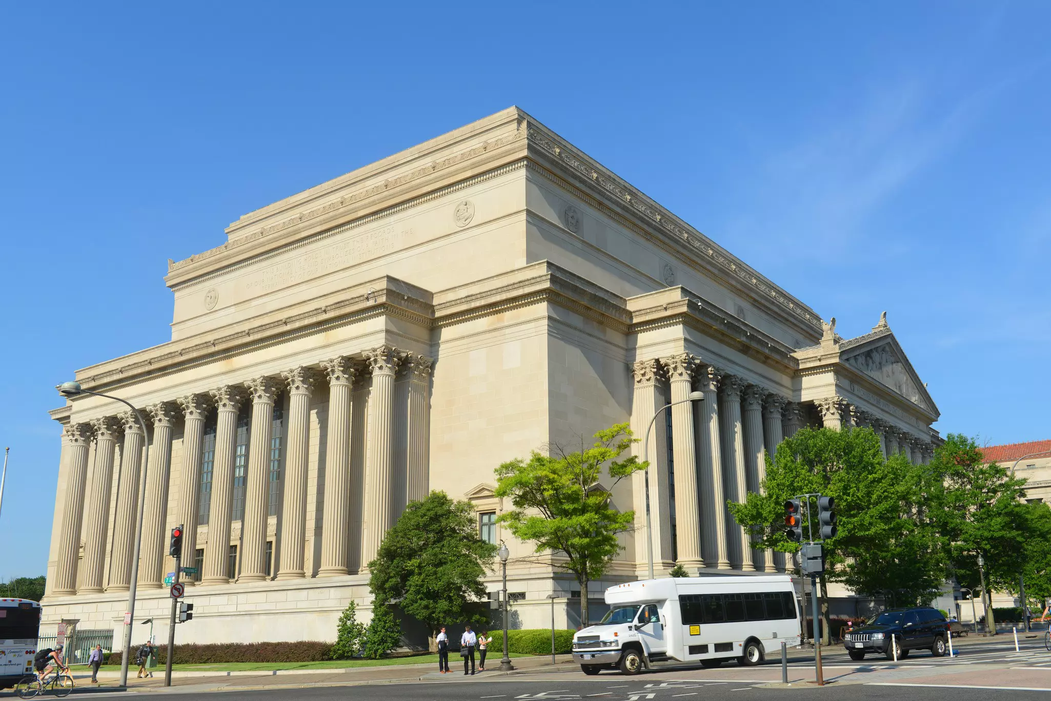Exterior of a large building with multiple columns
