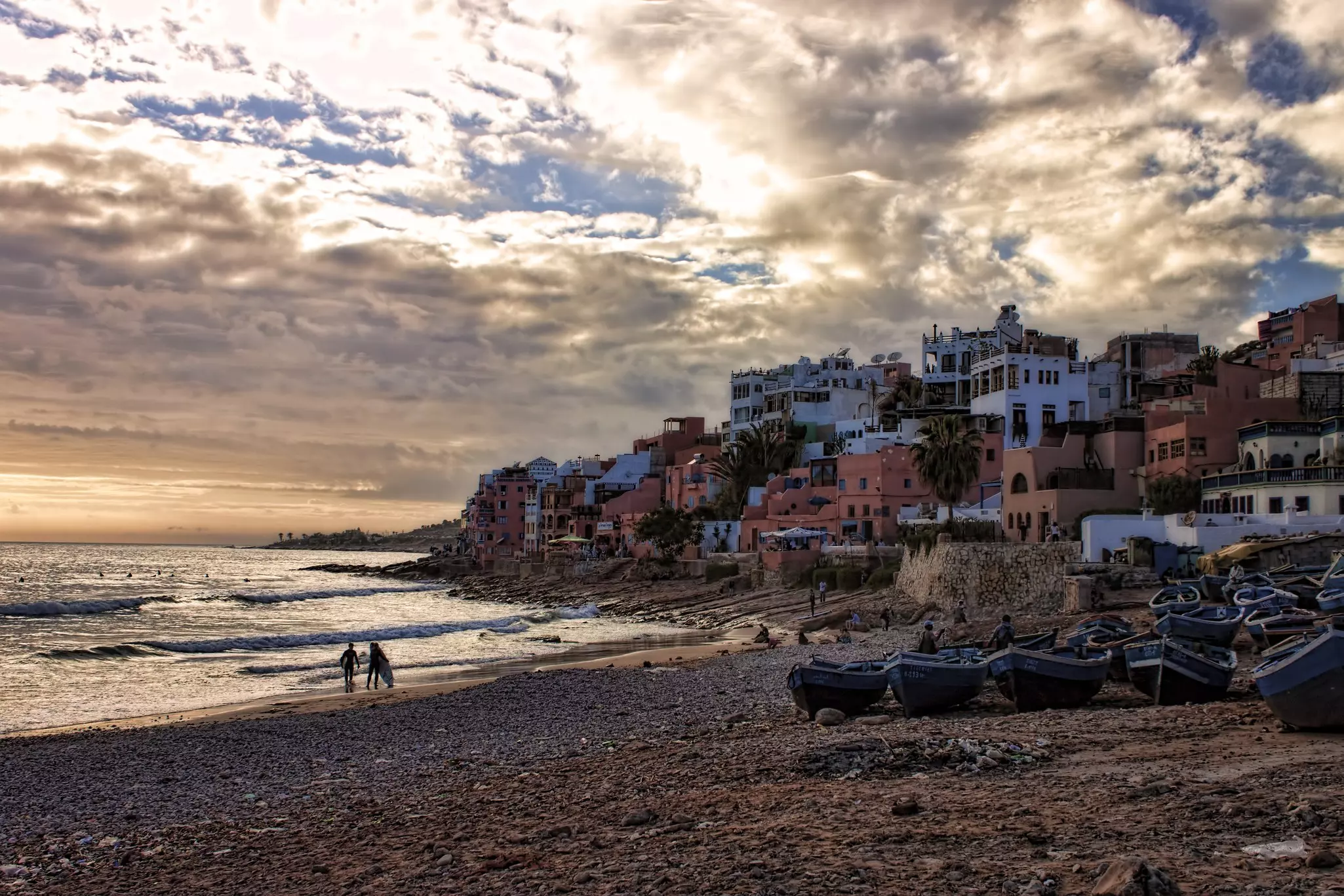 View of a seaside town at sunset