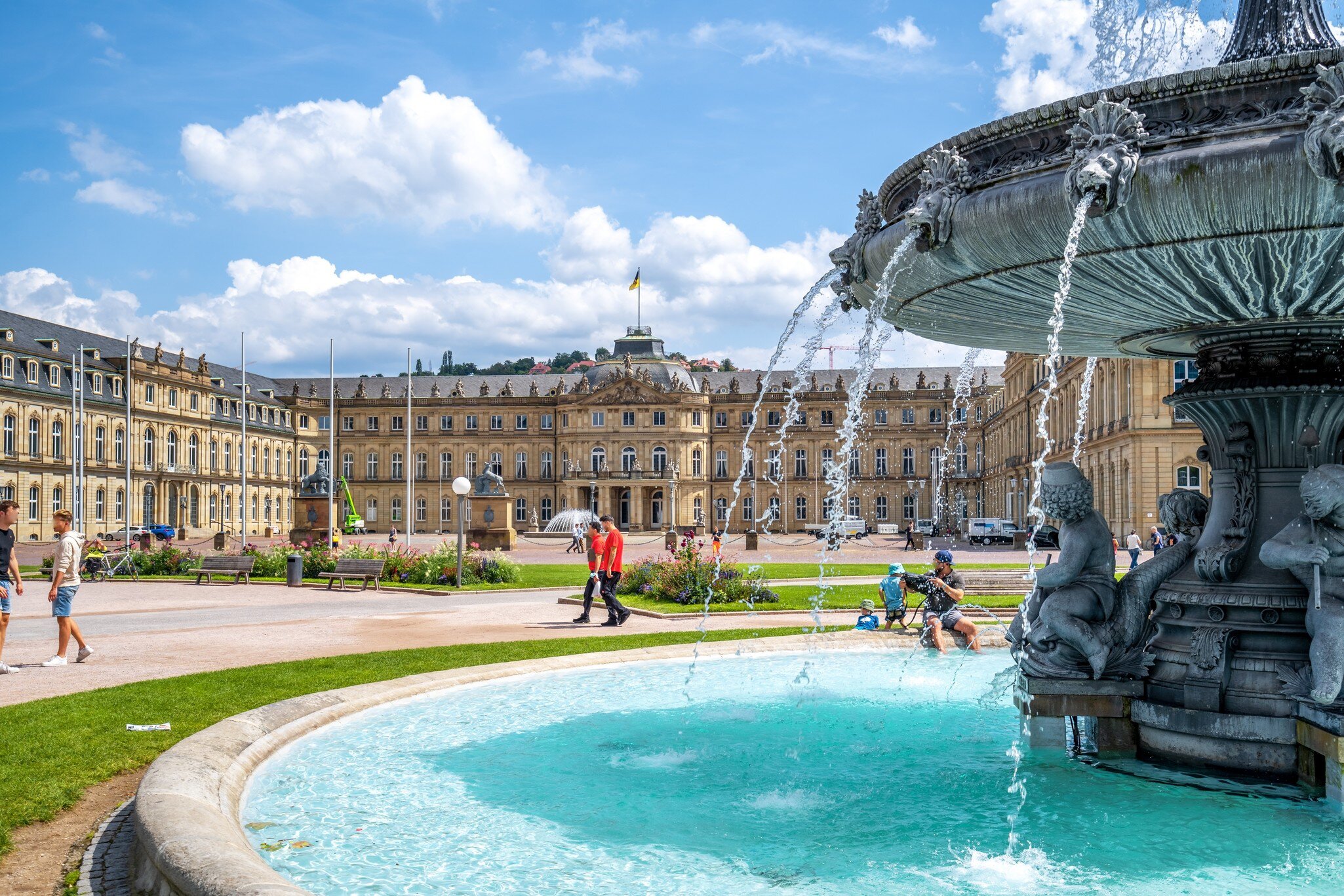 Castle Square (Schlossplatz) and fountain in Stuttgart, Germany.