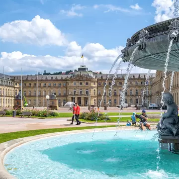Castle Square (Schlossplatz) and fountain in Stuttgart, Germany.